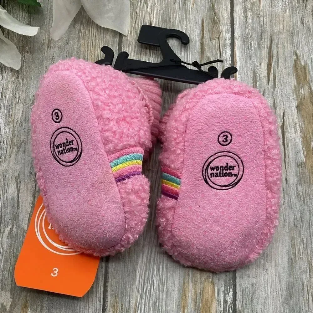Baby Girls Teddy Knit Rainbow Comfy Soft Slippers Shoes Size 3